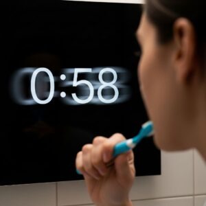a person brushing their teeth in front of a bathroom mirror with a timer showing beside them
