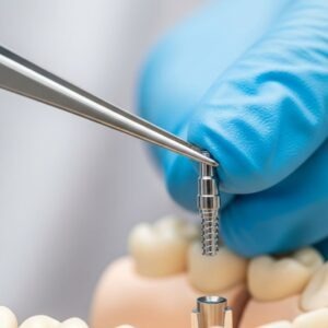 a gloved hand holding a sterile, metallic dental implant post. The post is being carefully positioned over a model of a jawbone