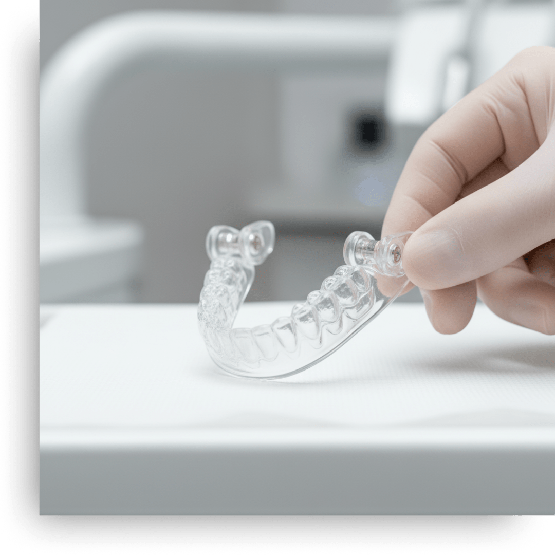 A modern, custom-fitted oral appliance for sleep apnea, an alternative to a CPAP machine.