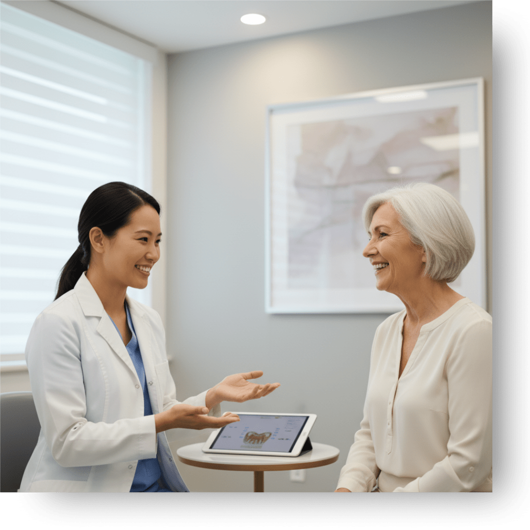 A compassionate dentist at Mai Dentistry discussing a sleep apnea treatment plan with a comfortable and happy patient.