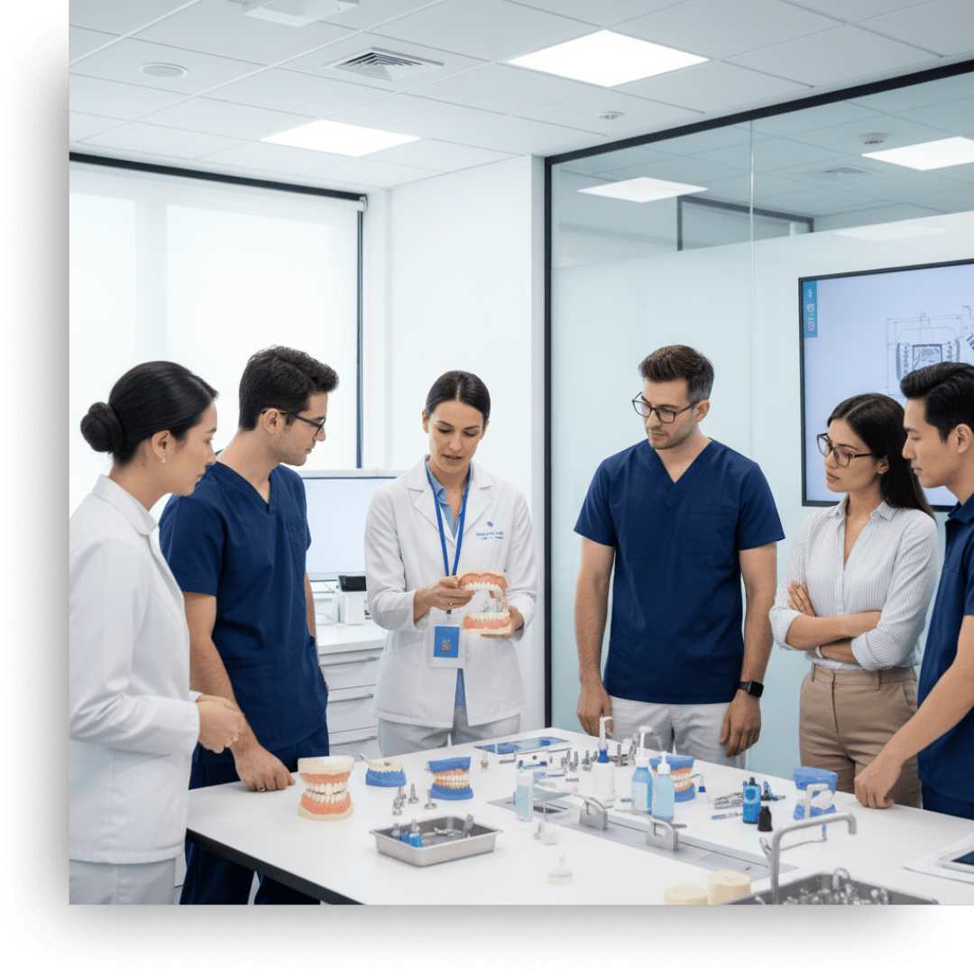 A team of six dental professionals, including dentists and assistants, are gathered around a table in a bright, modern clinic setting.