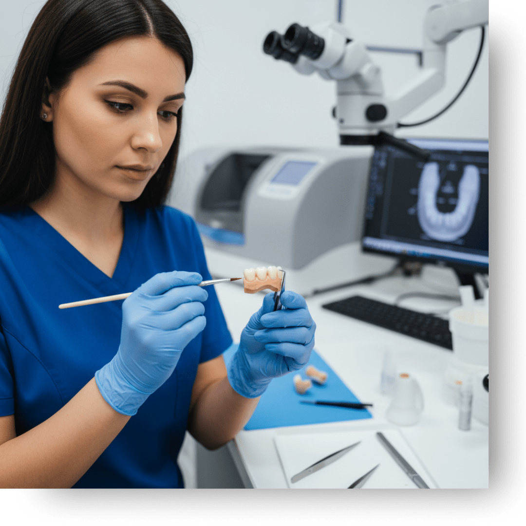 A female dental technician or prosthodontist, wearing blue scrubs and gloves, meticulously works on a dental model with a small brush.