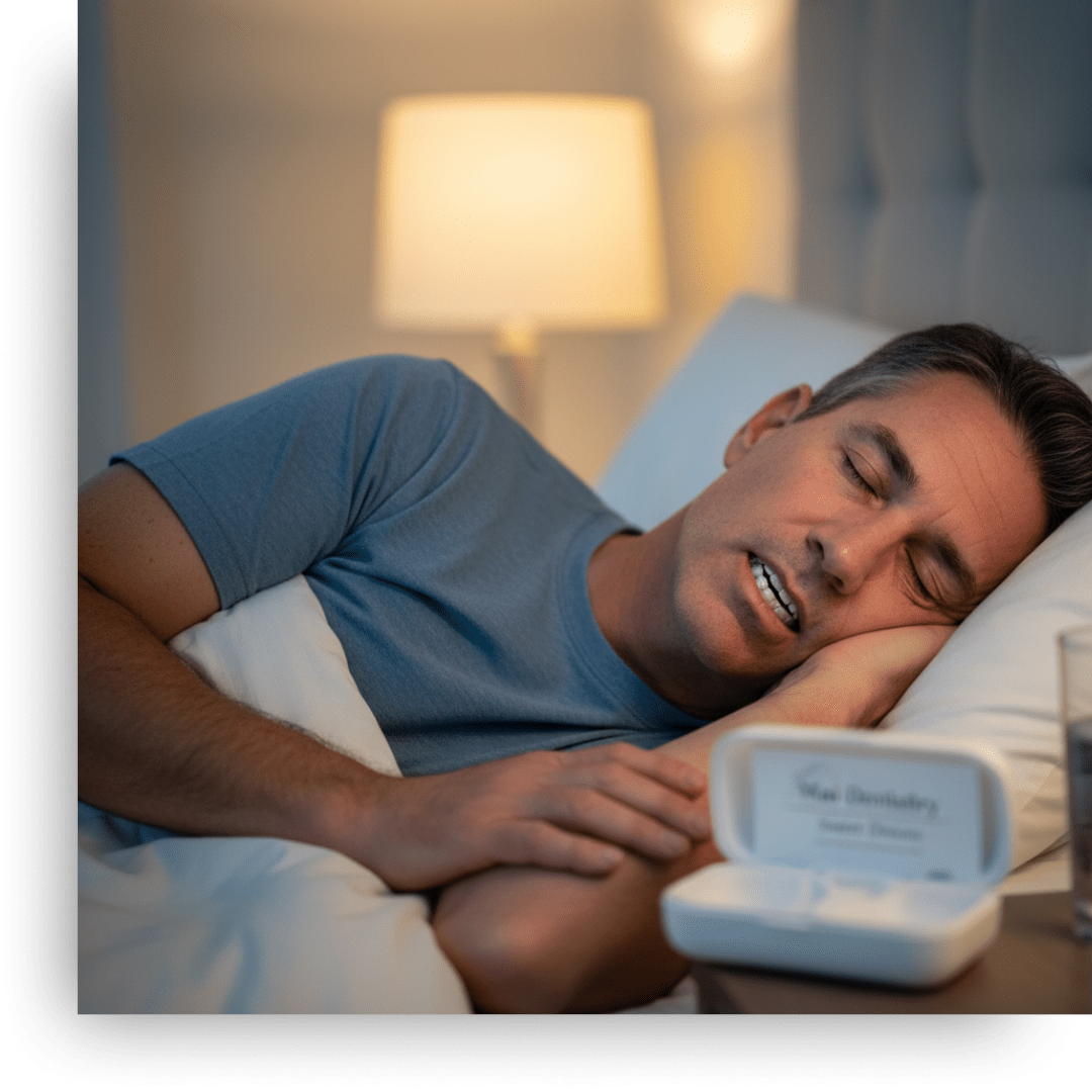 A middle-aged man is sleeping soundly on his side in a bed.