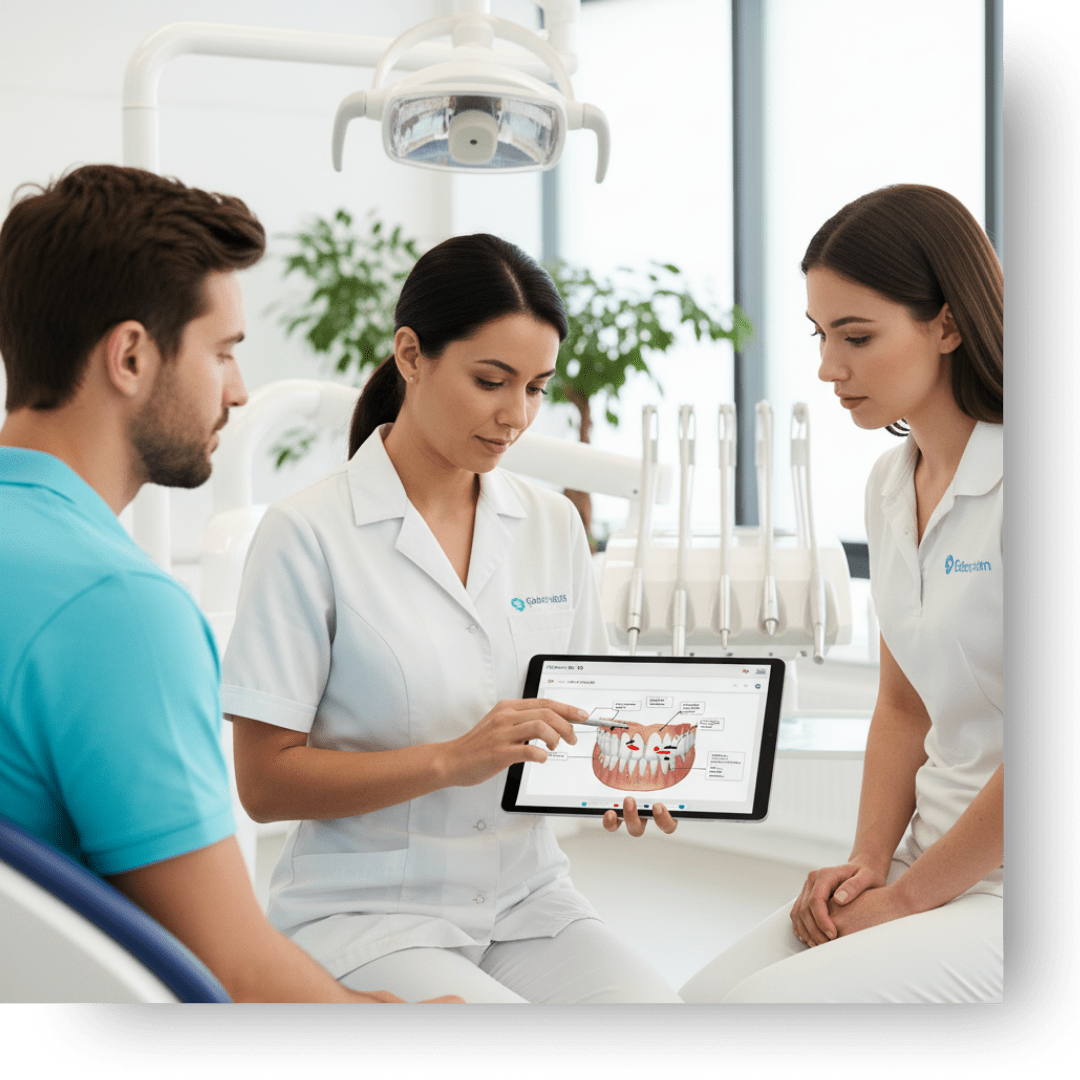 A friendly female dentist, wearing a white lab coat and blue scrubs, is gently holding the hand of a smiling female patient.