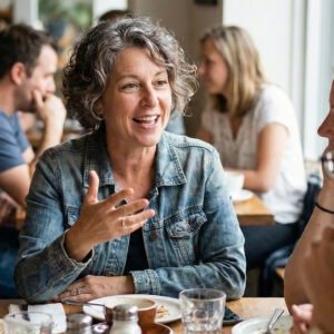 A candid photo of a middle-aged woman speaking confidently in a social setting.