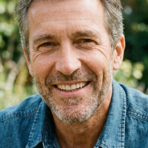 Portrait of a mature adult with a healthy smile and defined jawline.