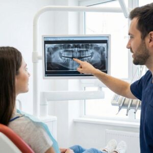 A dentist reviews a digital X-ray with a patient to detect early issues