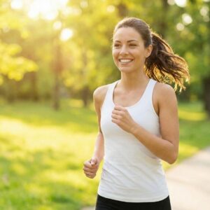 A woman with a healthy smile enjoys an outdoor jog