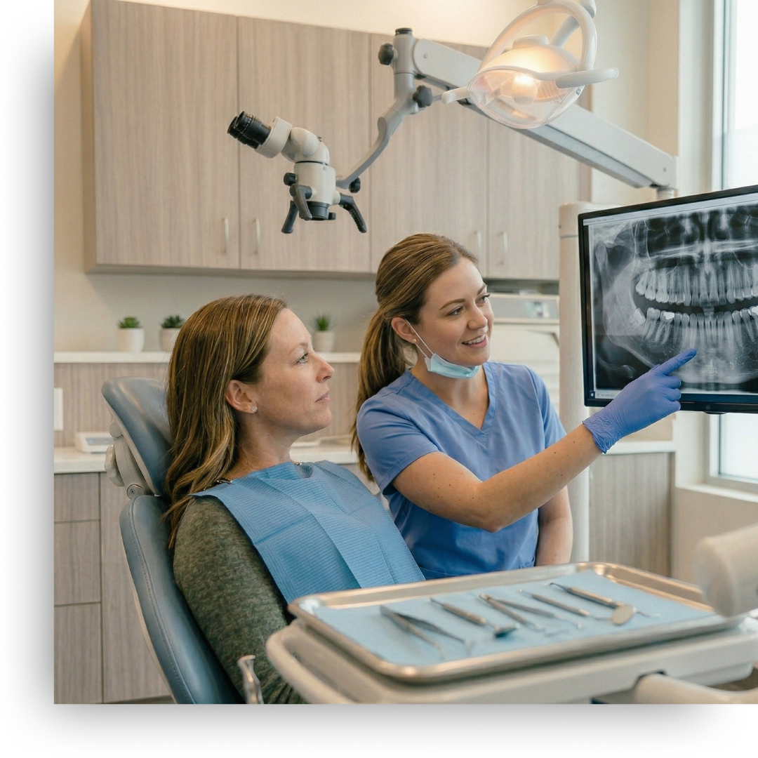 a dentist reviewing x-rays with patient