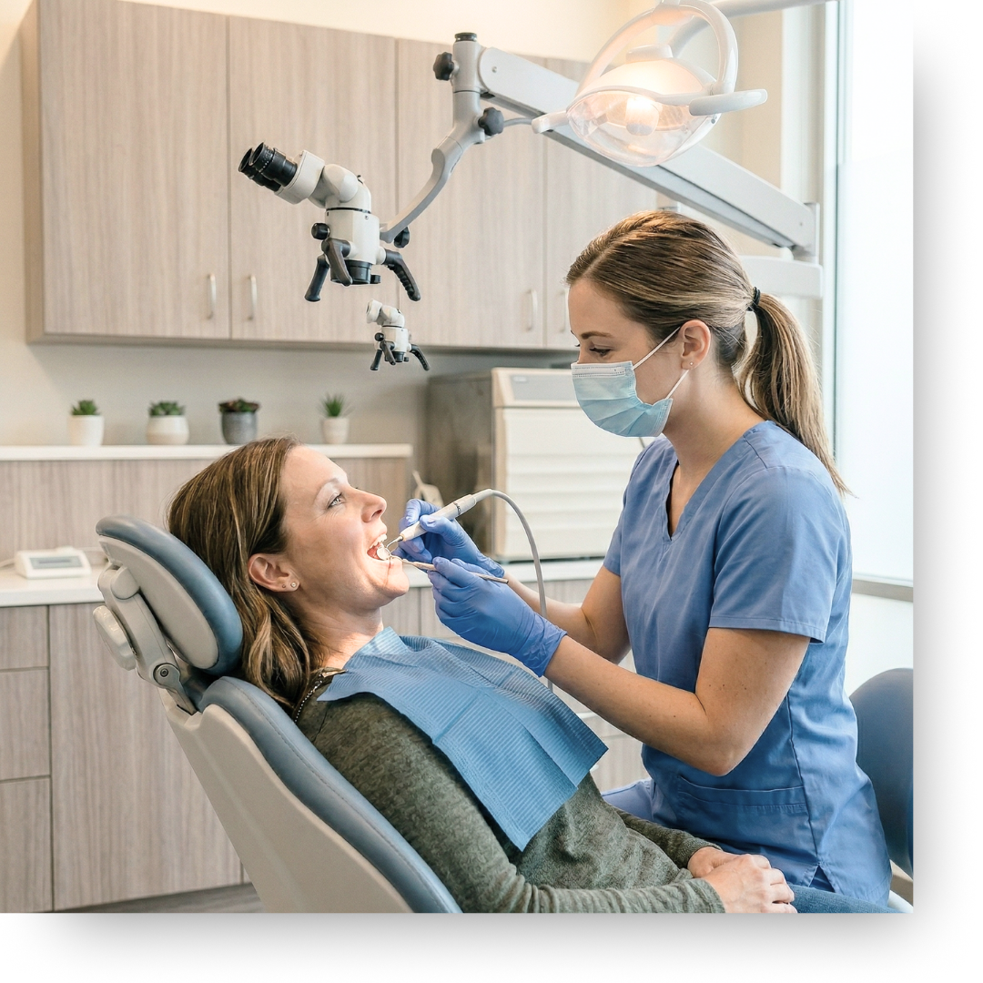 a dental hygienist cleaning patient’s teeth