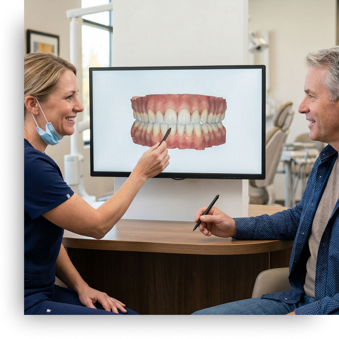 a dentist consulting with patient using digital screen showing dental model