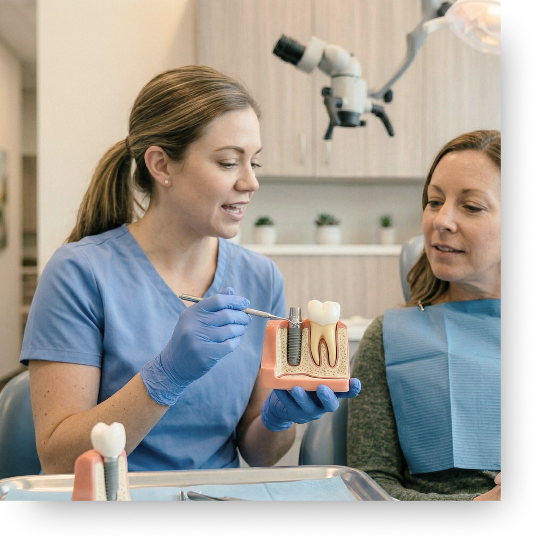 dental implant model with dentist explaining procedure to patient