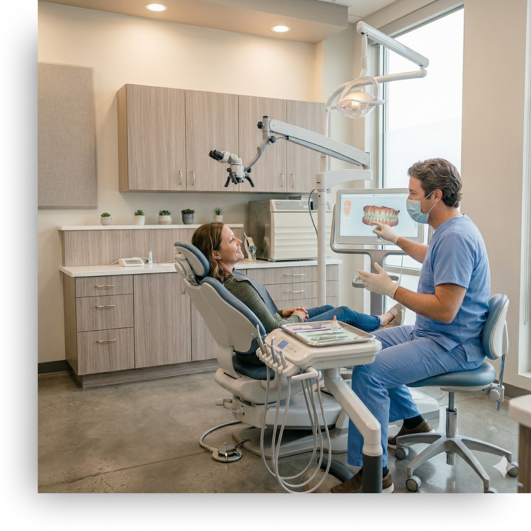 a dental office interior with advanced equipment, dentist speaking with patient