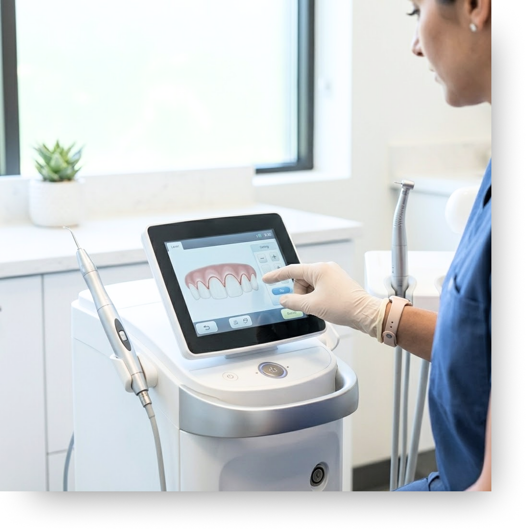 A dentist adjusting settings on a dental laser console.