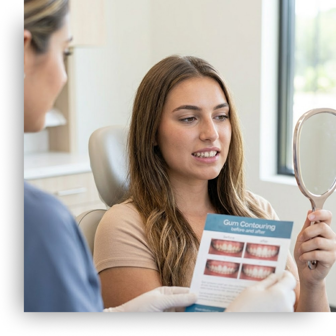 A dental patient holding a mirror, looking over different smile aesthetics.